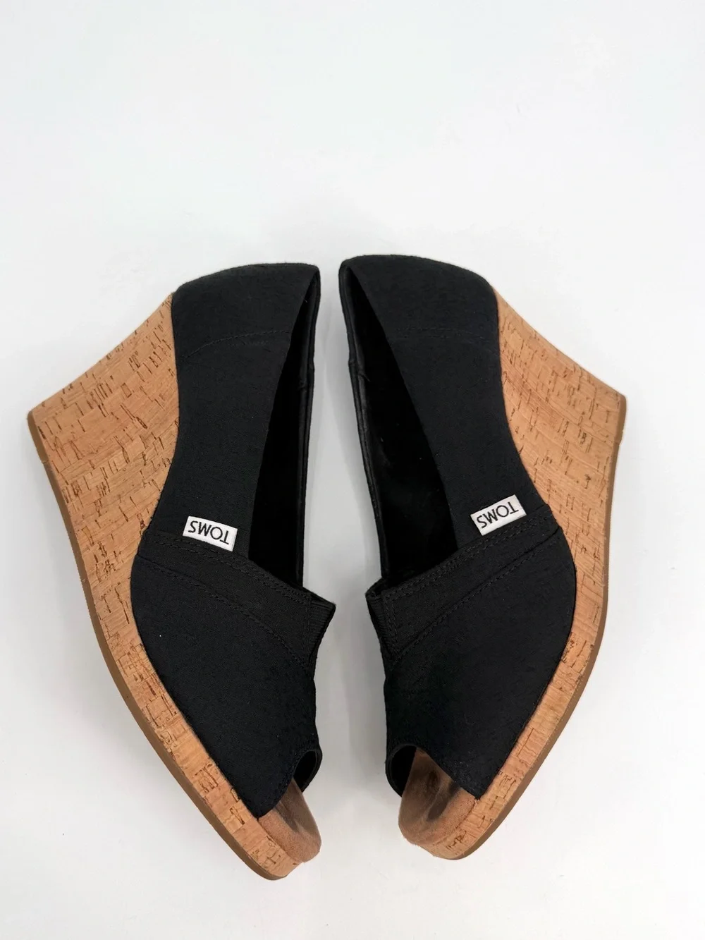 Toms Sandals Women’s 10M Black Classic Wedge Espadrille Cork Peep Toe Slip On